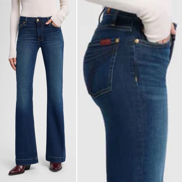 7 For All Mankind Dojo Jeans Size 30 Low Flare Western Y2K Blue Dark Denim 70s - Picture 2 of 15